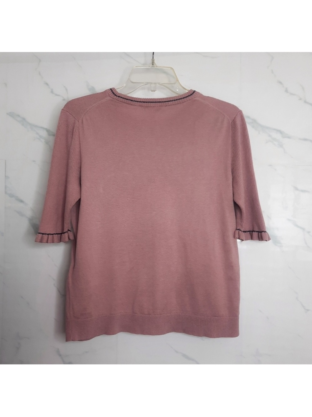LK Bennett Dusty Pink Ruffle-Sleeve Knit Top with Contrast Trim - Picture 3 of 13